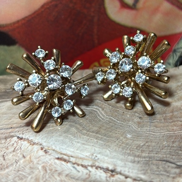 J. Crew Jewelry - J. Crew Earrings 1”x1.5” Clear Crystal Gem Gold Starburst Fireworks GUC Elegant